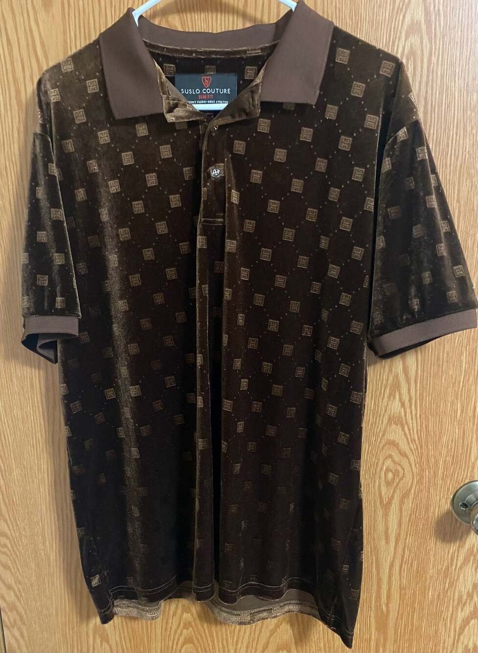 Suslo Couture Polo Shirt Size XL Brown Velour Geometric Print Slim